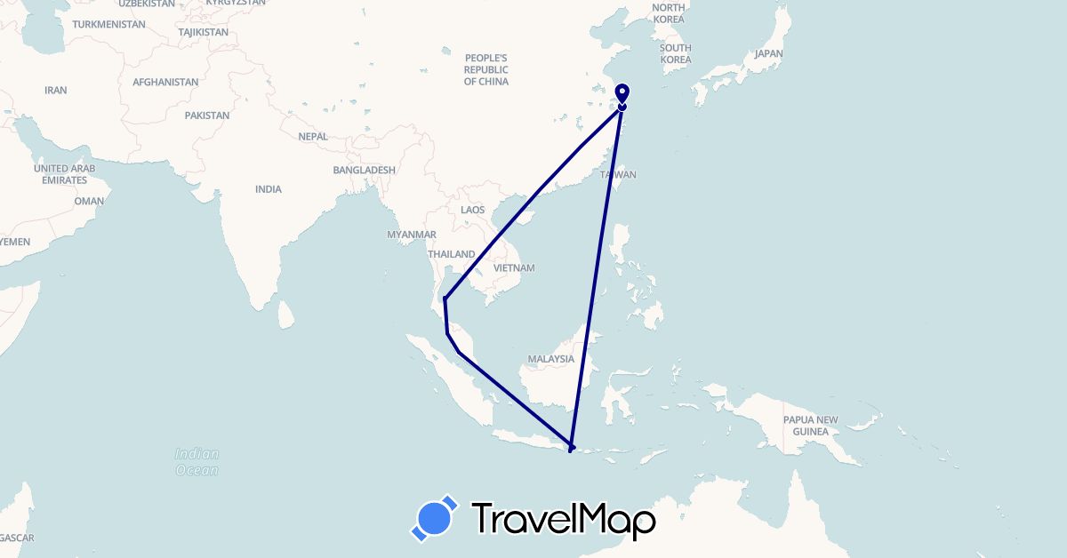 TravelMap itinerary: driving in China, Indonesia, Malaysia, Thailand (Asia)